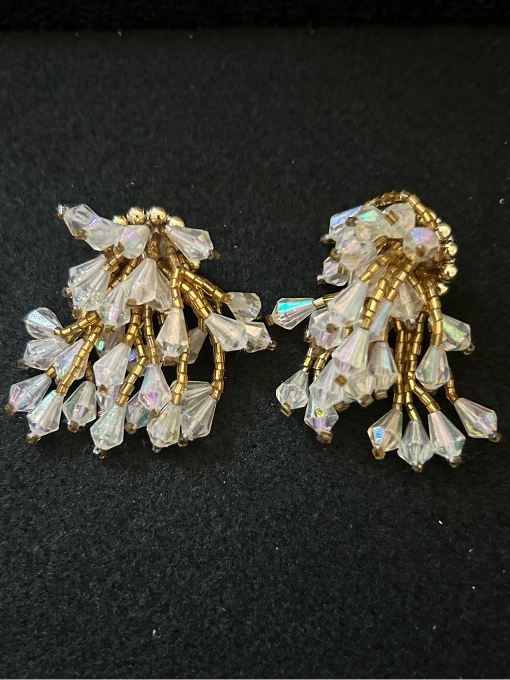 Vintage Gold Beaded Crystal Cluster Earrings - Clear/Gold